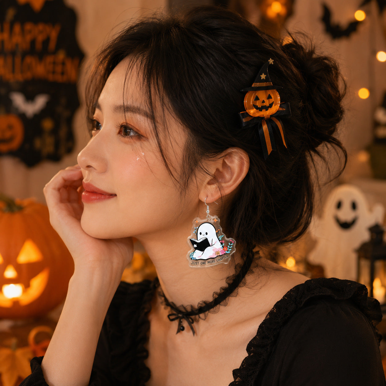 Wholesale  Acrylic Earrings Double-Sided Printed Ghost Cat Pumpkin Drop Earrings Party Gift