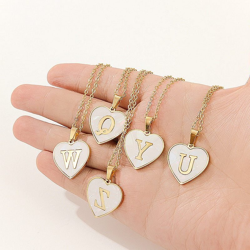 Wholesale 26 English Letters Heart Inlaid Shell Titanium Steel Necklace ACC-NE-DingChao002