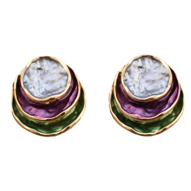 Wholesale  color painting oil three-layer round cake earrings