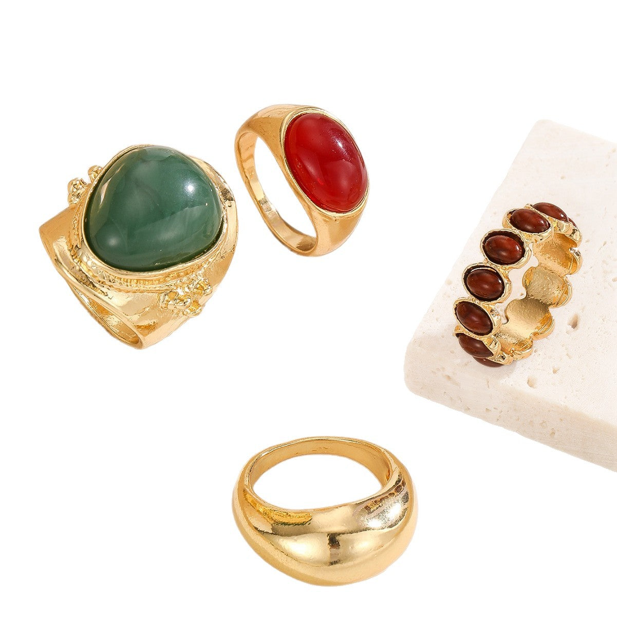 Wholesale Retro Gold Tone Oval Alloy Ring Set For Women Chic Jewelry Accessory Gift 4 Piece Everyday Wear