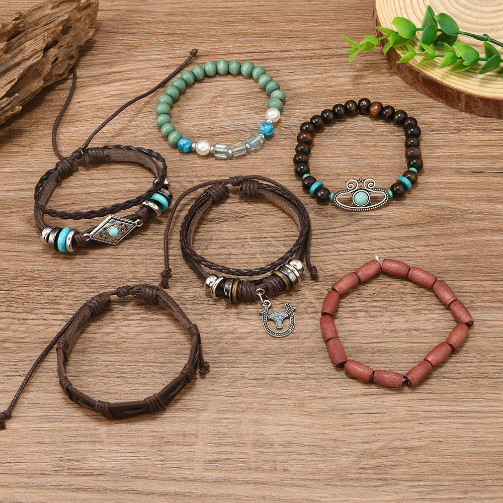 Wholesale Bohemian Style Bull Head Horseshoe Pendant Multi-Layer Leather Braided DIY Bracelet
