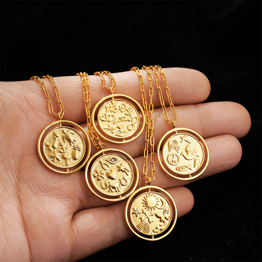 Wholesale  18K gold double-sided flip pendant sun inlaid diamond relief necklace