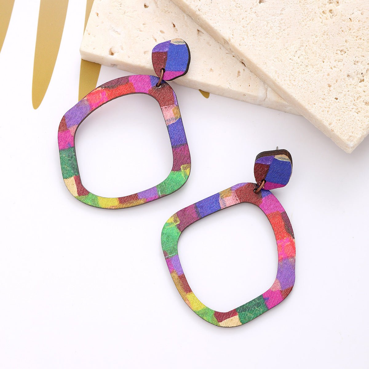 Wholesale  Bohemian Style Colorful Leaf-shaped Wooden Earrings