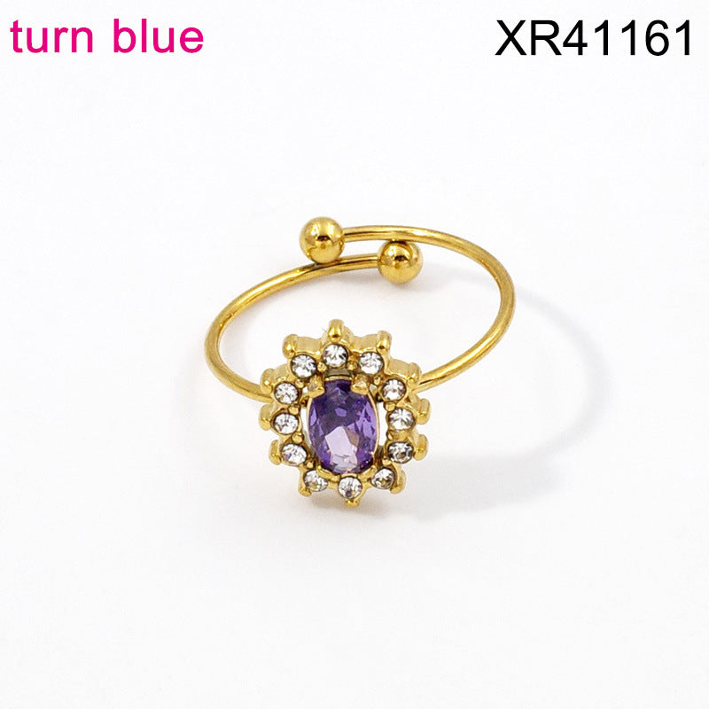 Wholesale Adjustable Flower Design Stainless Steel Open Ring with Colored Gemstones Fashion Jewelry Accessory
