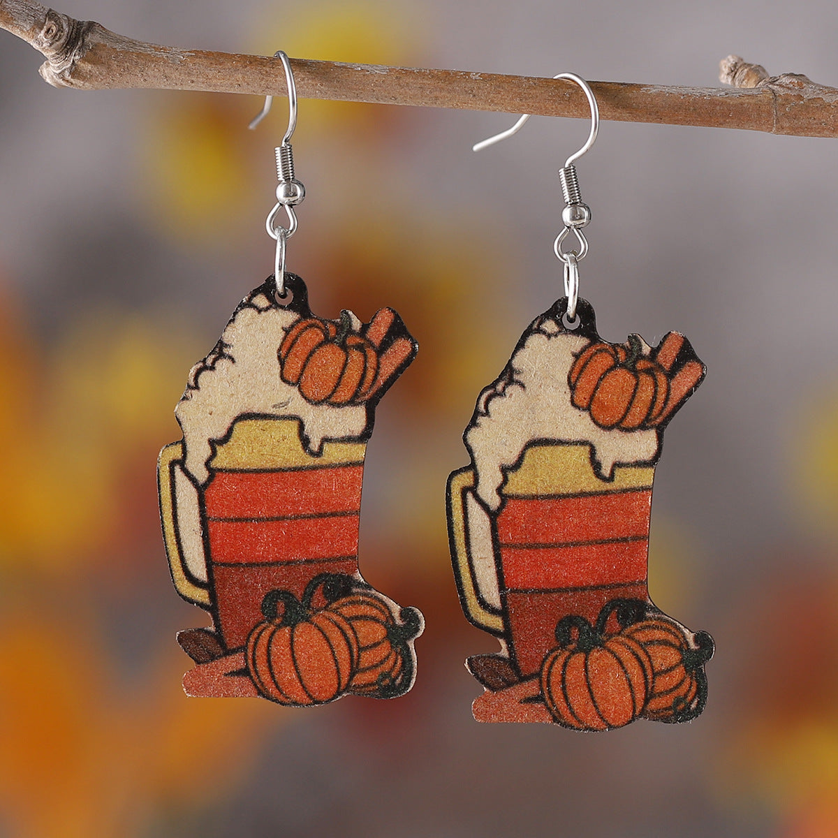 Wholesale Thanksgiving Pumpkin Cream Latte Coffee Cup Wood Earrings ACC-ES-ChuLian057