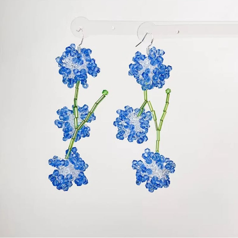 Wholesale Blue Beaded Flower Long Tassel Earrings