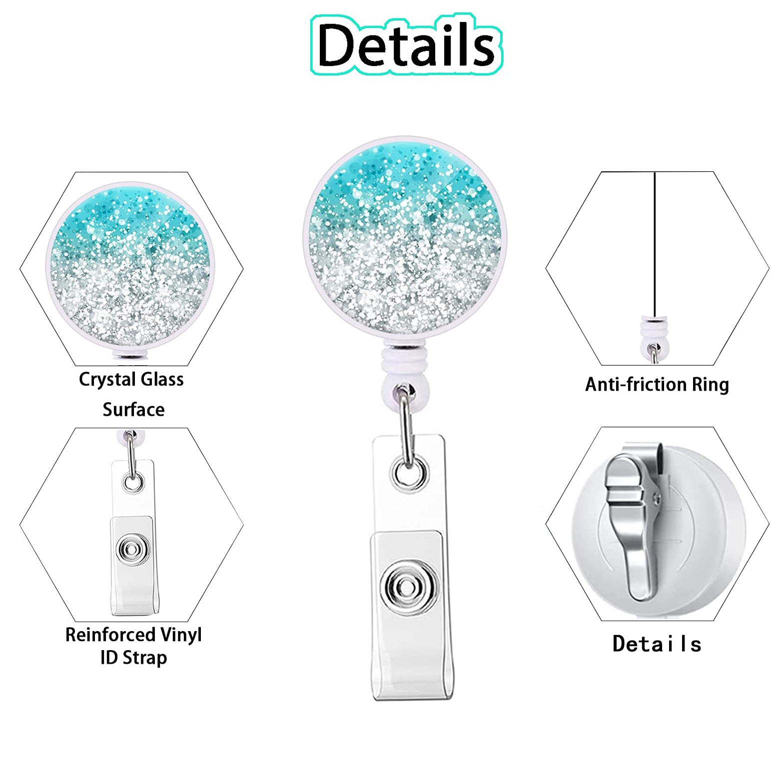 Wholesale Badge Reels Glitter Easy Pull Buckle Rotating ABS Retractable Keychains