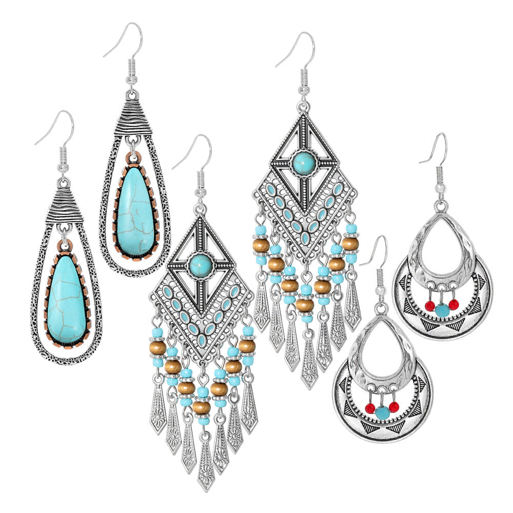 Wholesale Retro Palace Style Geometric Hollow Tassel Earring Set - Trendy Fashion Accessory for Everyday Wear