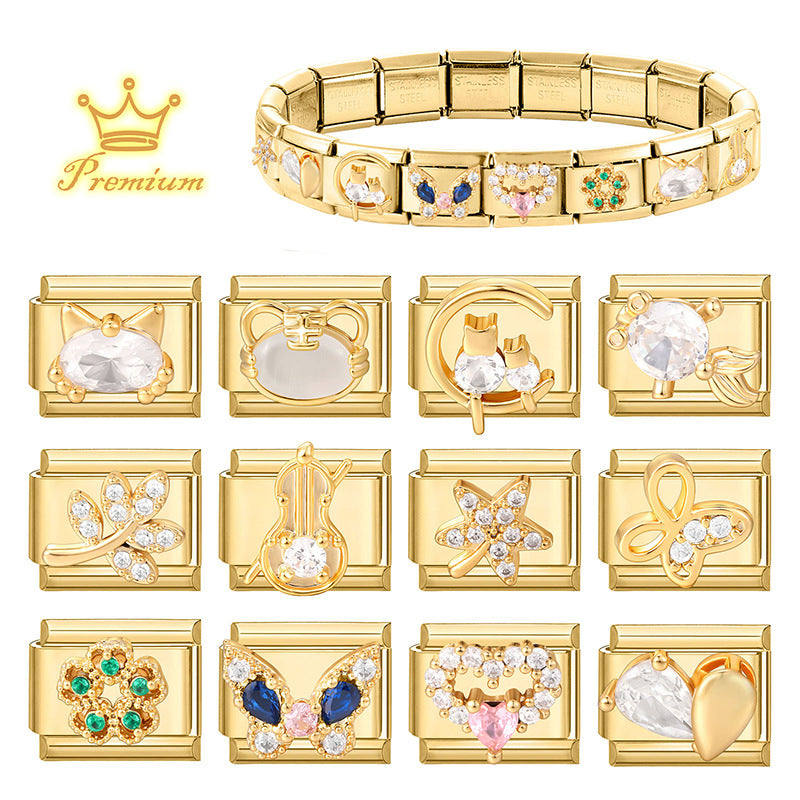 Wholesale DIY Gold-Tone Stainless Steel Modular Bracelet with Tiger and Butterfly Motifs Craft Supply