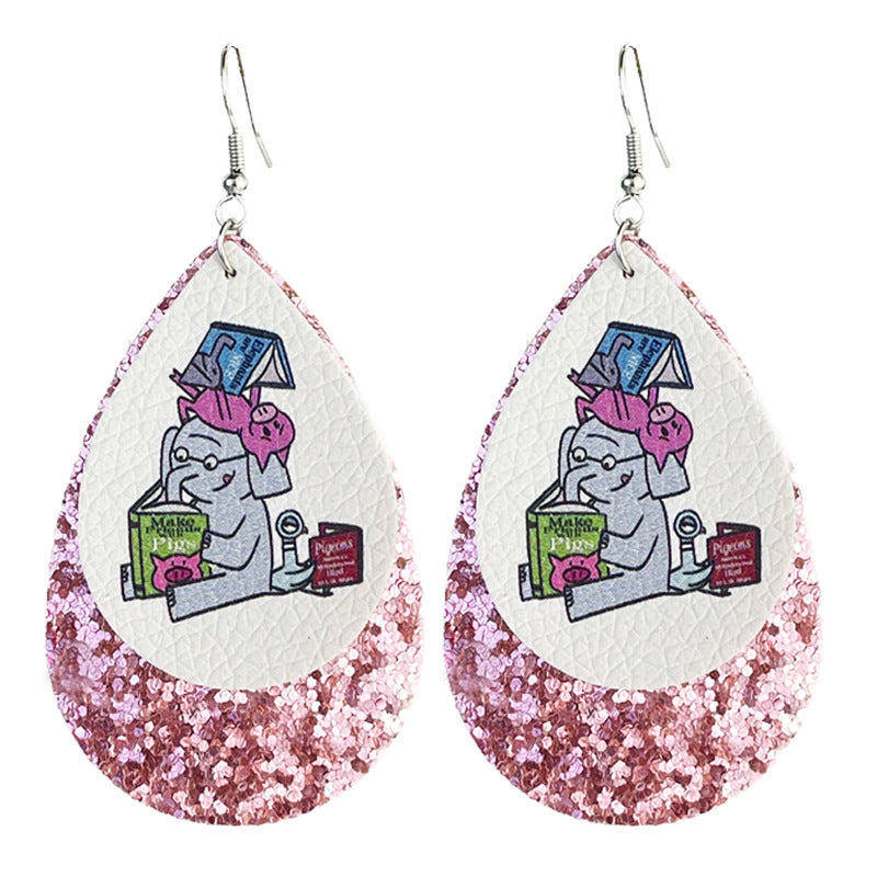 Wholesale 2 Pairs/pack Leather Printed Cute Teacher Reading Earrings ACC-ES-HY216
