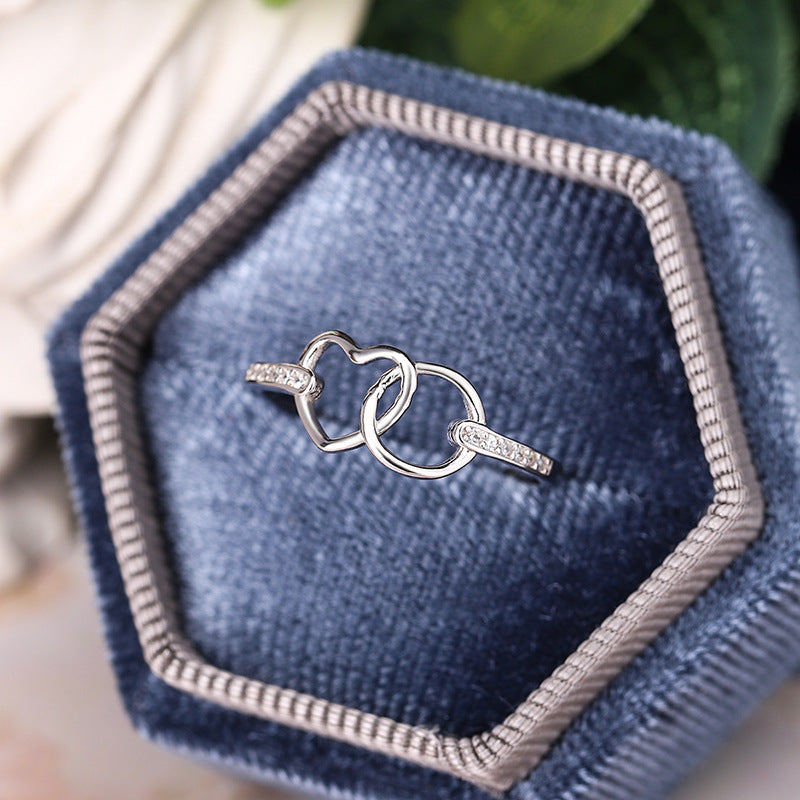 Wholesale s925 sterling silver Diamond-embedded double heart hollow ring