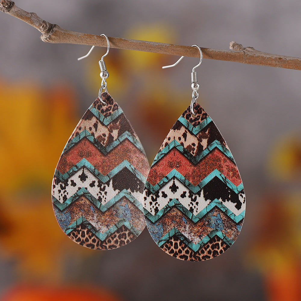Wholesale Western Ethnic Leopard Dairy Pattern Turquoise Pattern Water Drop Earrings