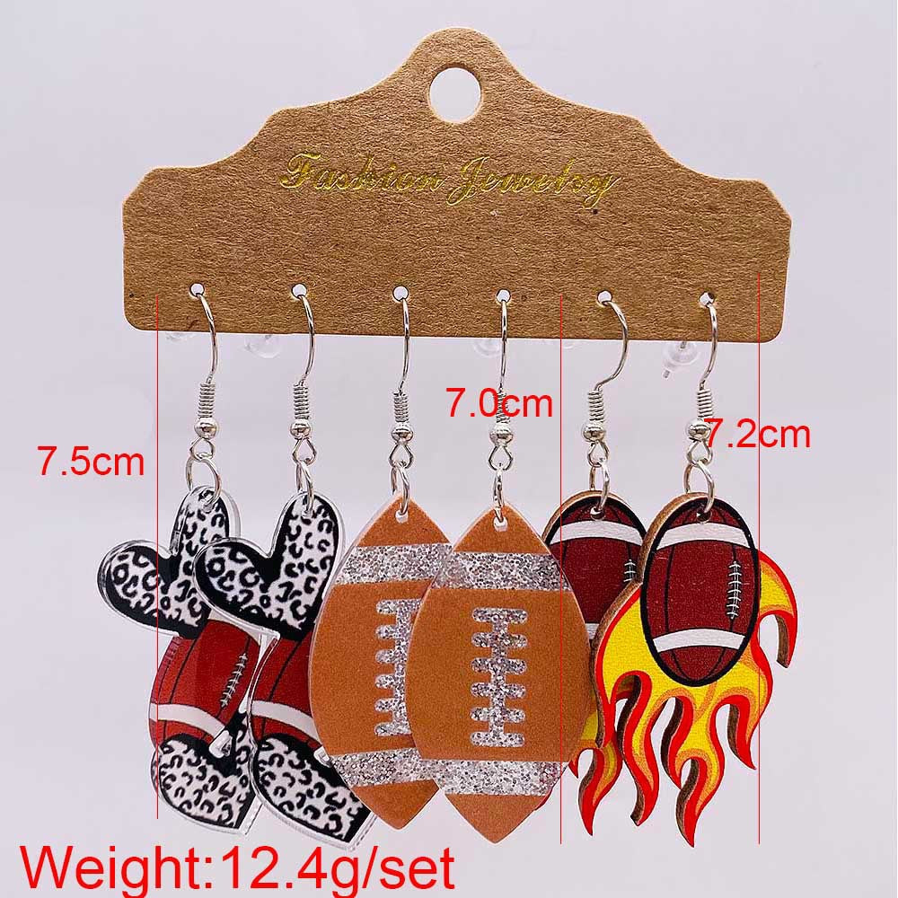 Wholesale 3 Pairs of One Card Baseball Football Peach Heart Leopard Print Acrylic Earrings Set