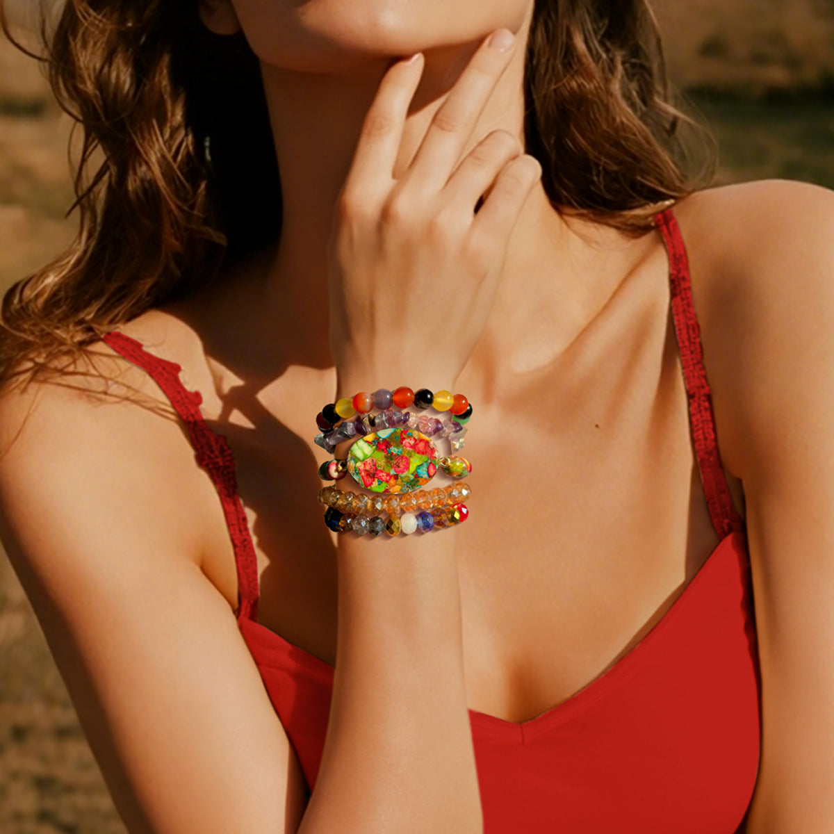 Wholesale Handmade Colorful Emperor Stone Bead Bracelet Set for Women Layered Jewelry Accessory