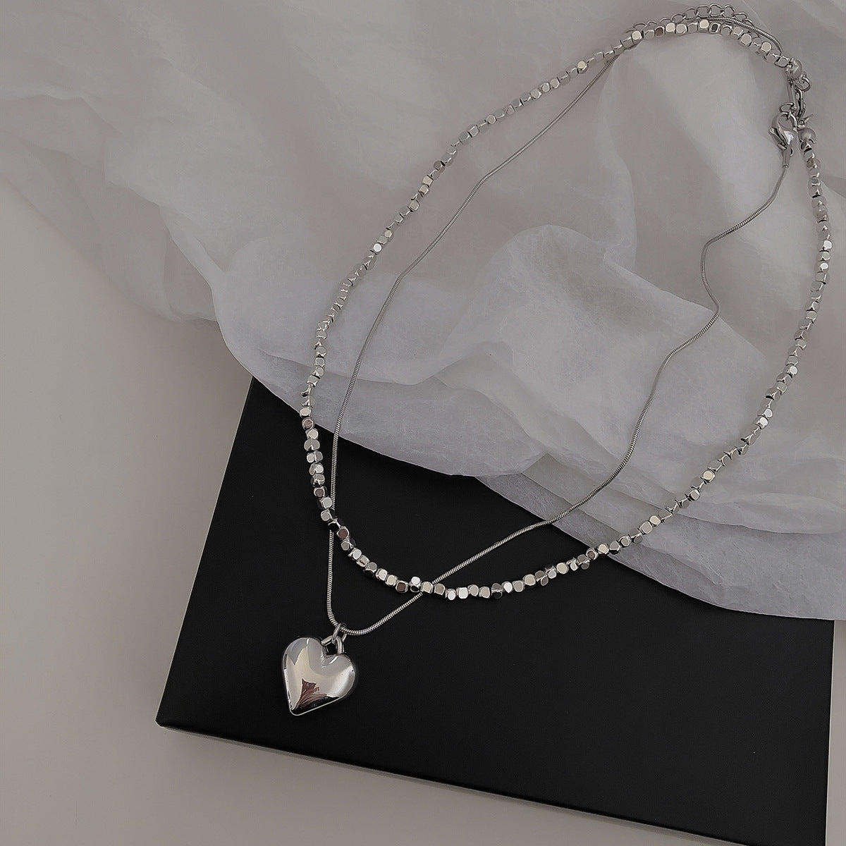 Wholesale Silver Small Square Double Layer Love Necklace Heart Necklace Titanium Steel ACC-NE-NS005