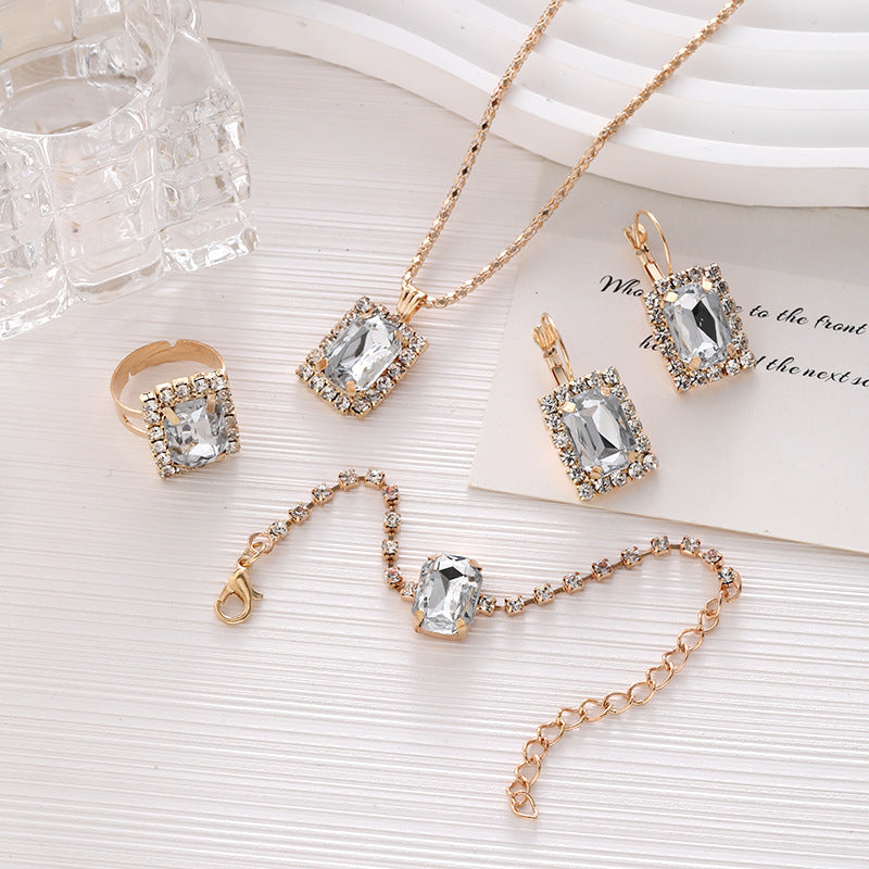 Wholesale Geometric Square Diamond Necklace Ring Bracelet Earring Sets ACC-NE-ChaoKai015