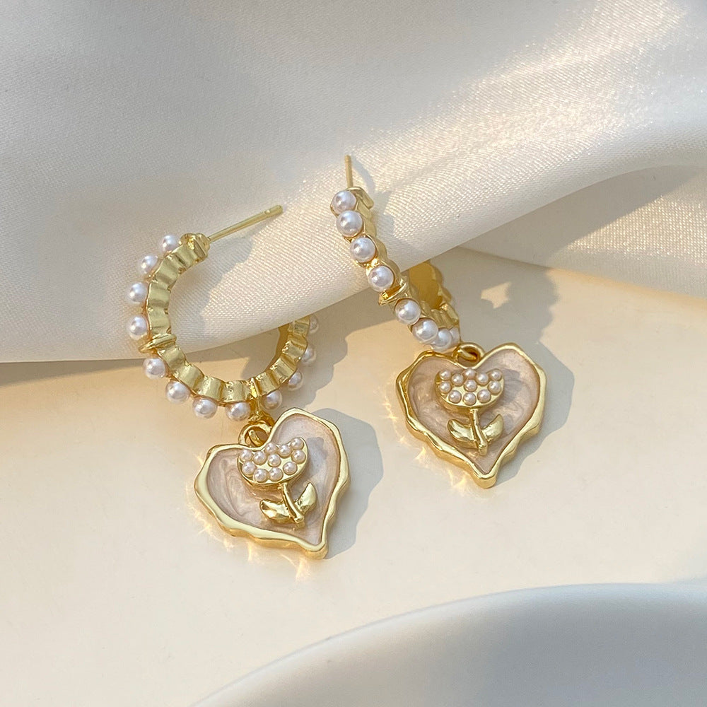Wholesale Rose Love Earrings Alloy Inlaid Pearl Heart Shaped Flower Earrings ACC-ES-QW013