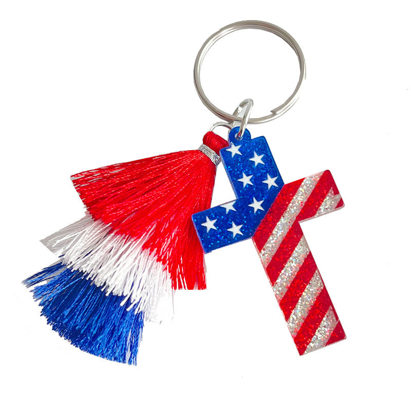 Wholesale 2pcs American Independence Day Pentagram Heart Shape Multi-Layered Tassel Keychain ACC-KC-HY024
