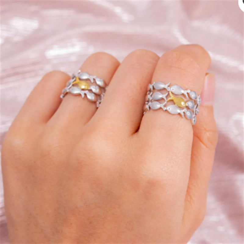 Wholesale Trendy Two Tone Mesh Fish Adjustable Open Ring Vintage Style Jewelry Accessory For Everyday Wear And Gift