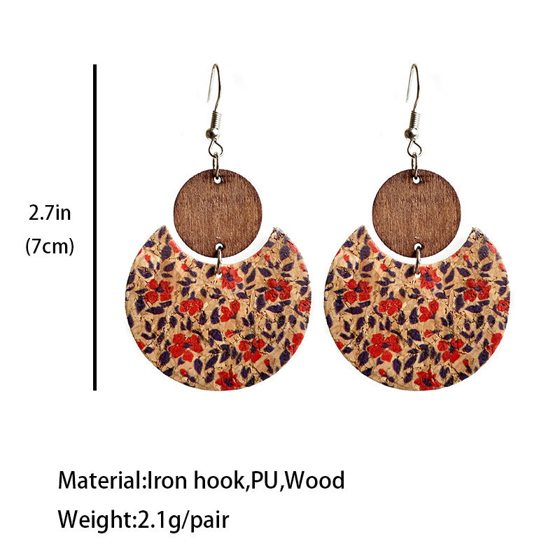 Wholesale Cork Printed Round Geometric Earrings Wood Leather Jewelry Gift