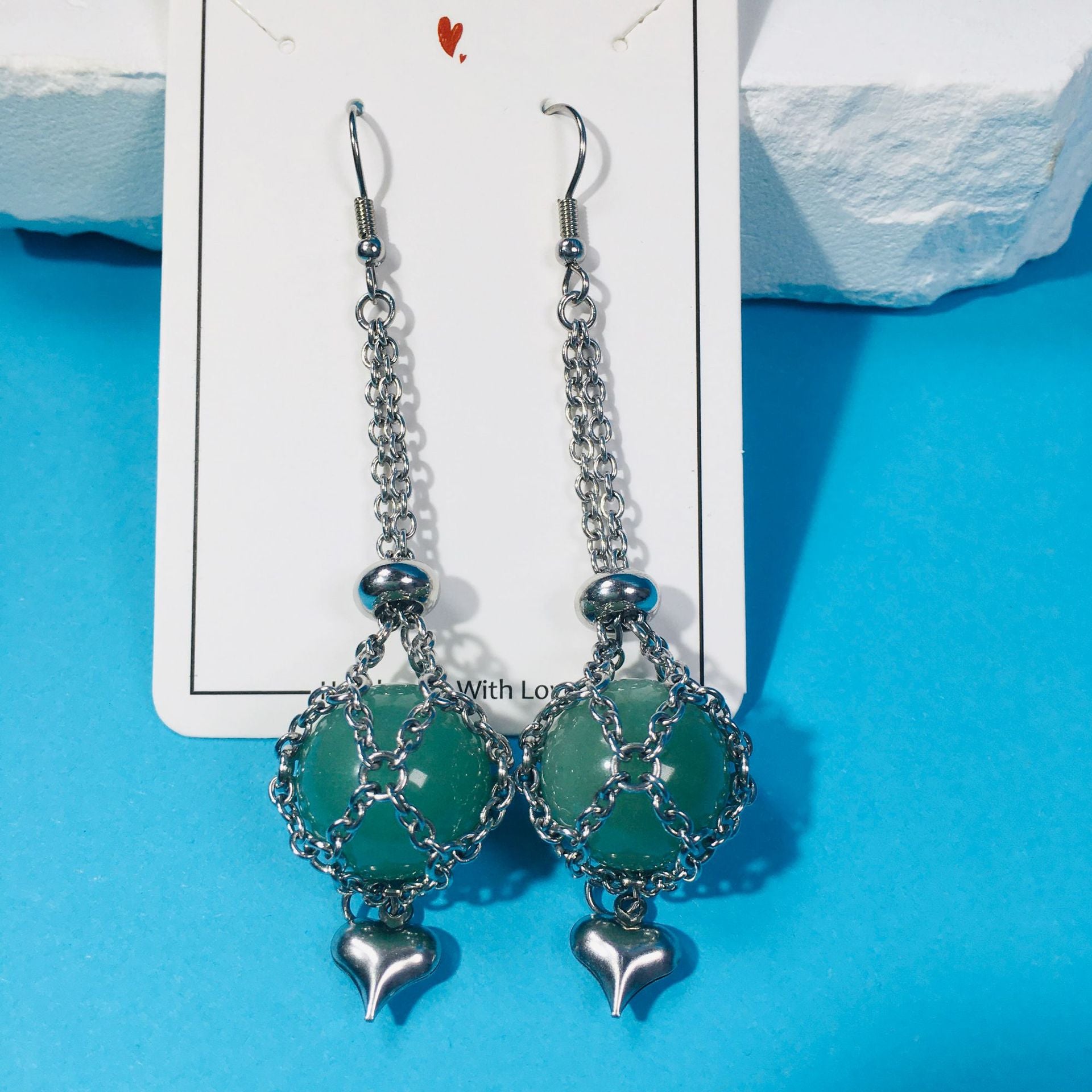 Wholesale Replaceable Crystal Natural Stone Adjustable Metal Mesh Pocket Earrings Heart Shape Pendant ACC-ES-RongGuan001