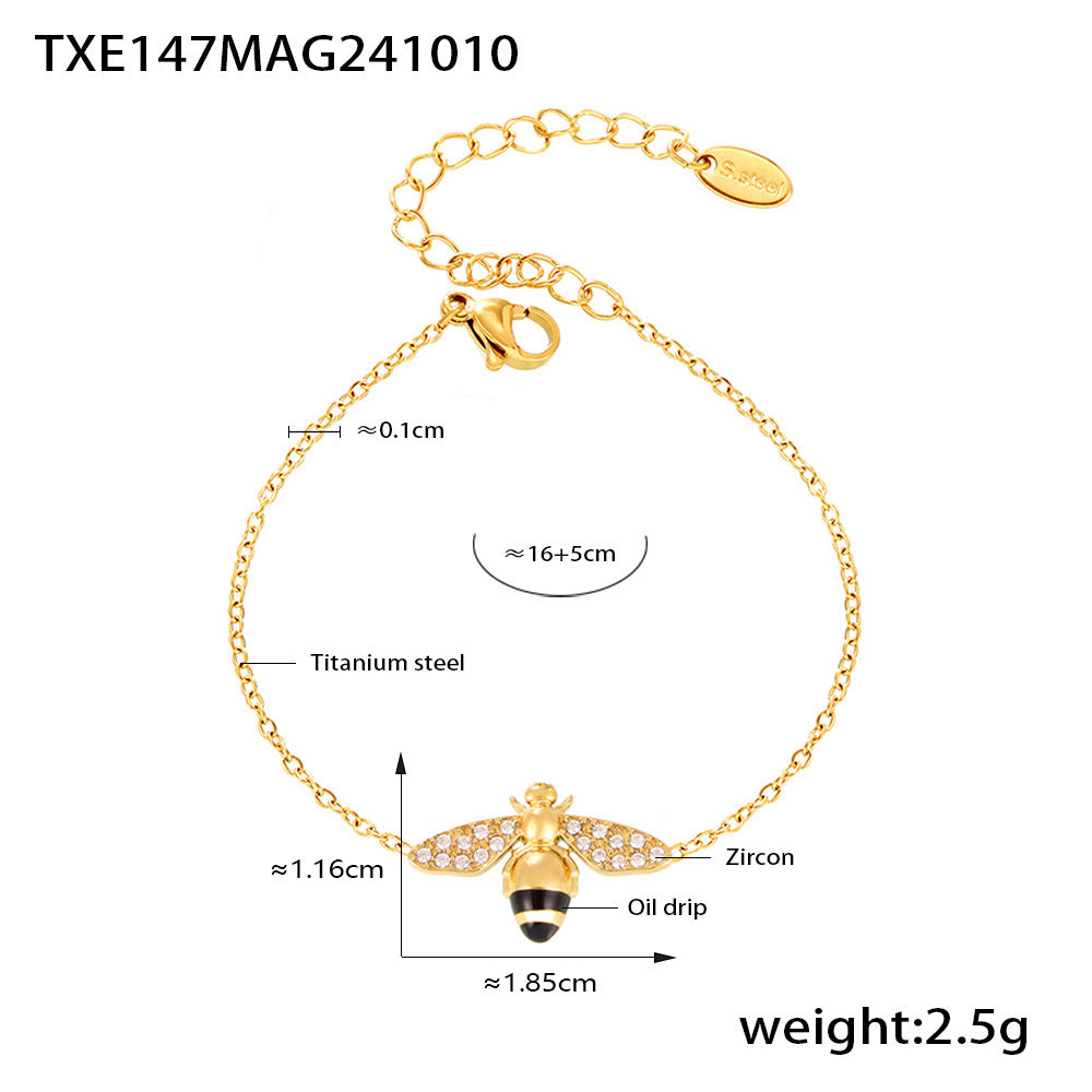 Wholesale Zircon Little Bee Double-Layer Necklace Bracelet Ring Titanium Steel Set