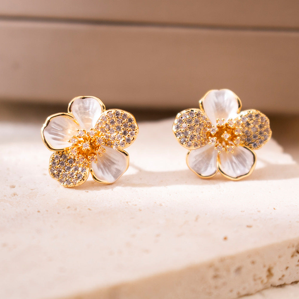 Wholesale Zircon Camellia Earrings Light Luxury Asymmetrical Earrings