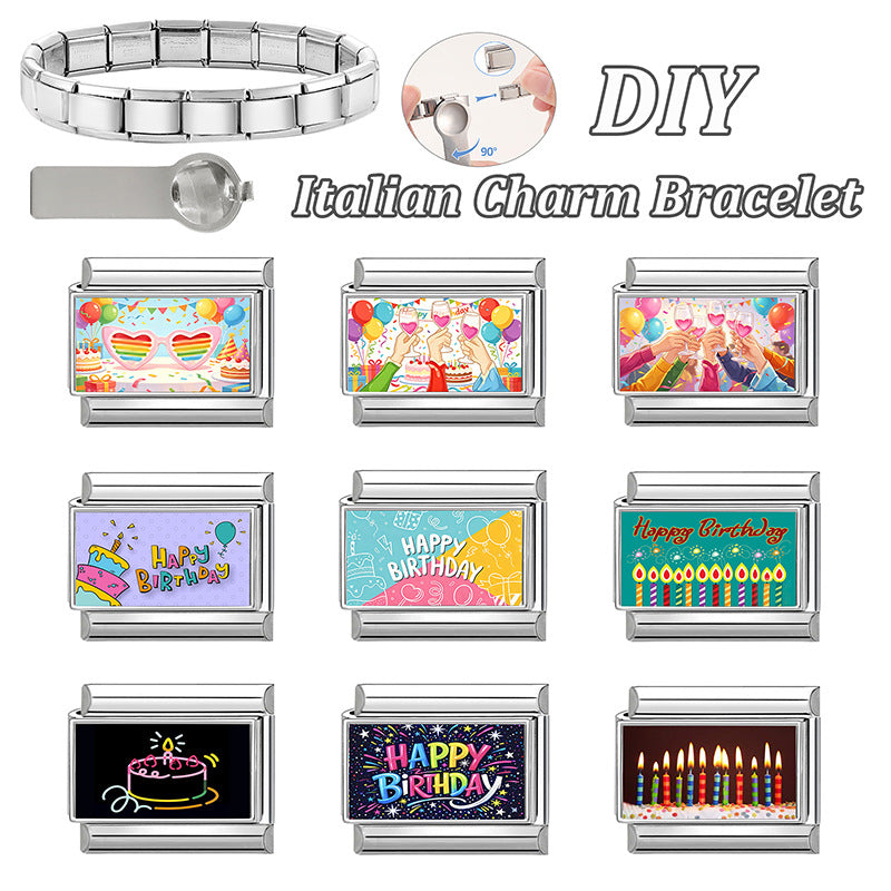 Wholesale Italian Style Birthday Theme Patchwork Stainless Steel Bracelet Fashion Accessory Gift
