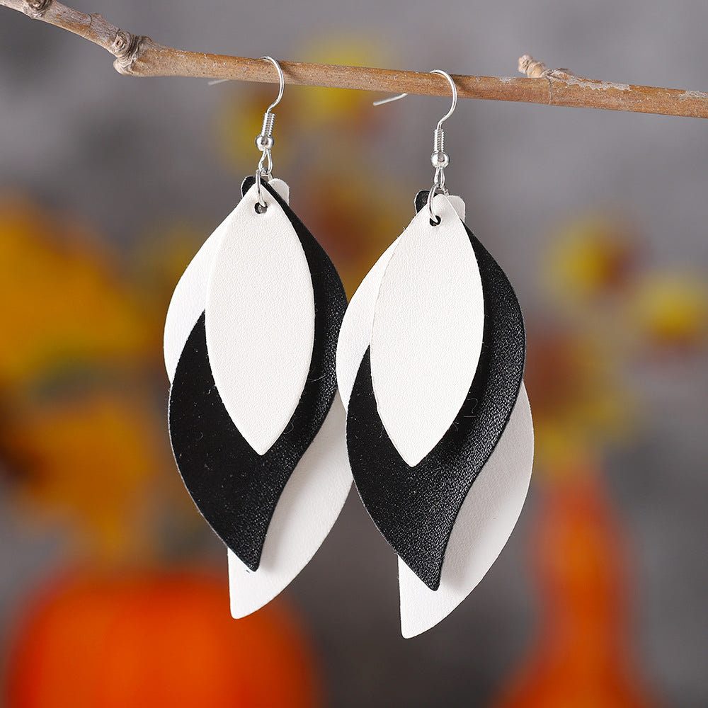 Wholesale  Bohemian Three-layer Water Drop Diamond Leather PU Leopard Pendant Earrings