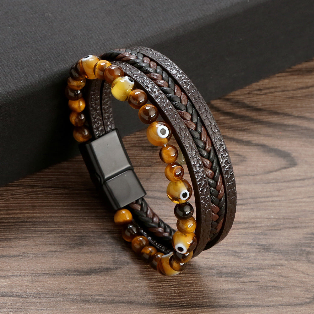 Wholesale glass bracelet for men vintage beaded leather multi-layer alloy buckle bracelet ACC-BT-Hongx003