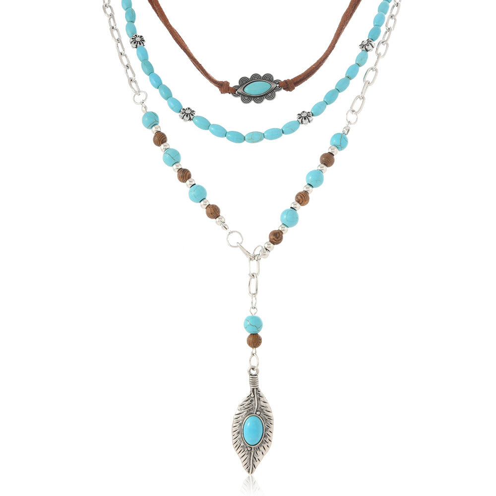 Wholesale Handmade Beaded Bohemian Turquoise Layered Necklace For Women Vintage Feather Pendant Trendy Jewelry Gift