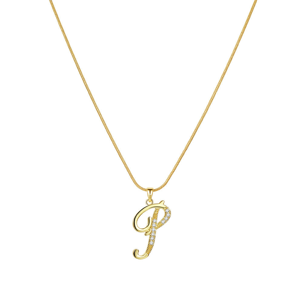 Wholesale 26 Letter Creative Simple Copper Zircon Snake Chain Gold Necklace