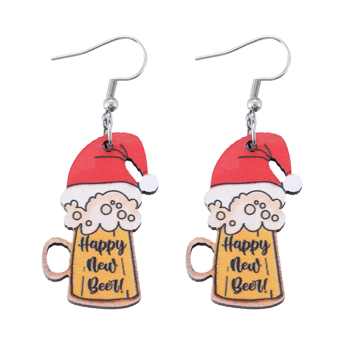 Wholesale Christmas New Year beer mug pendant earrings wooden double-sided earrings