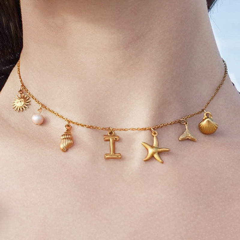 Wholesale Bohemian Shell Starfish Gold Electroplated Copper Alphabet Pendant Necklace for Women Fashion Accessory
