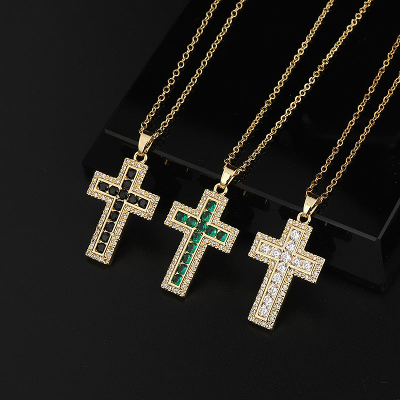 Wholesale Trendy Hip Hop Colorful Cross Pendant Necklace Gold Plated Copper Chain Boutique Jewelry Gift