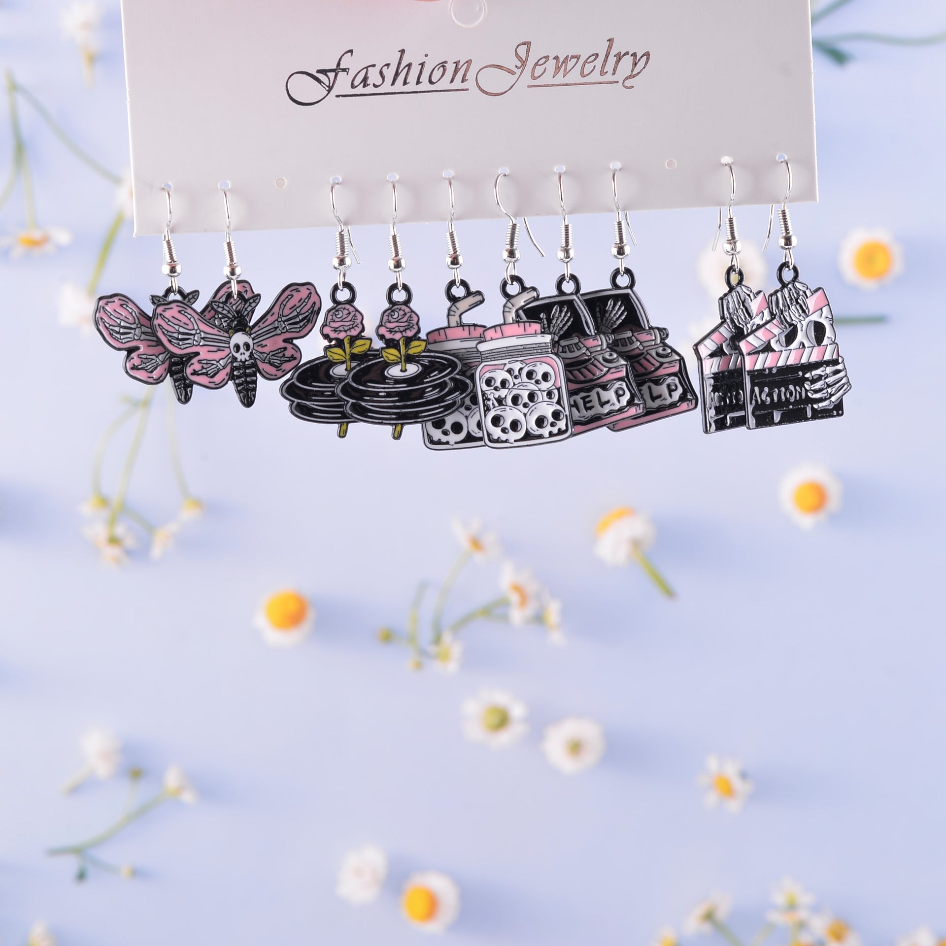 Wholesale Halloween pink and black skull ghost earrings set