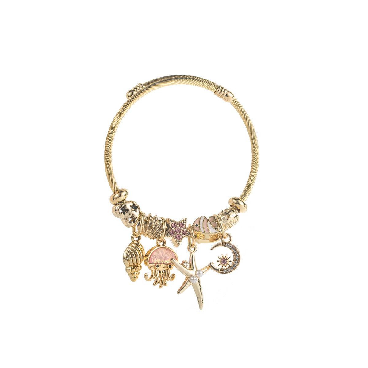 Wholesale Alloy Charm Bracelet With Moon Starfish Jellyfish Pendant Pink Zircon Details Trendy Women S Everyday Jewelry Gift