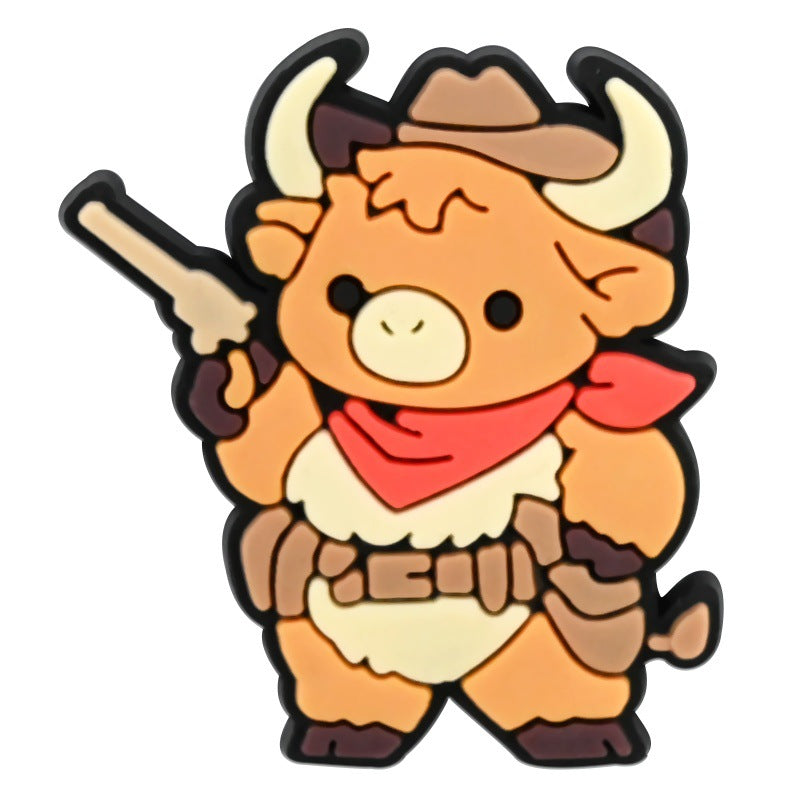 Wholesale  Random 100pcs Creative Cartoon Highland Cow Denim Series PVC Soft Rubber Shoe Buckle Decoration