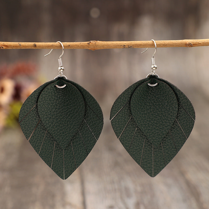 Wholesale Retro style leaf tassel shaped PU leather earrings