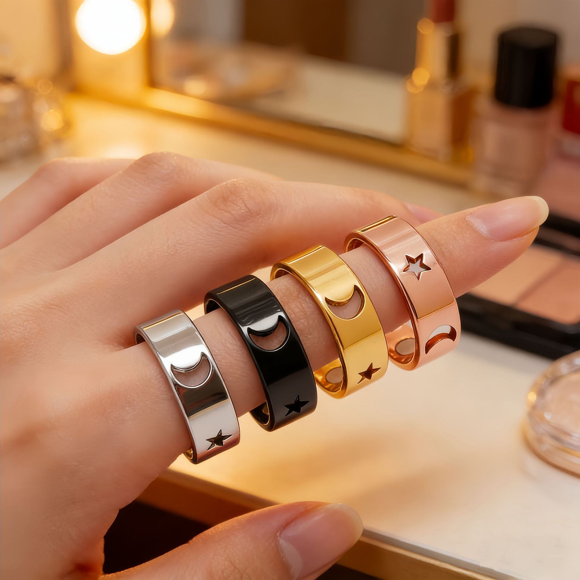 Wholesale Star and Moon Magnetic Ring Stainless Steel Gold Plated Fashion Accessory for Resale