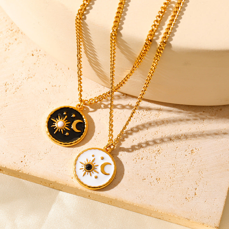 Wholesale Stainless steel drop glaze sun moon simple necklace