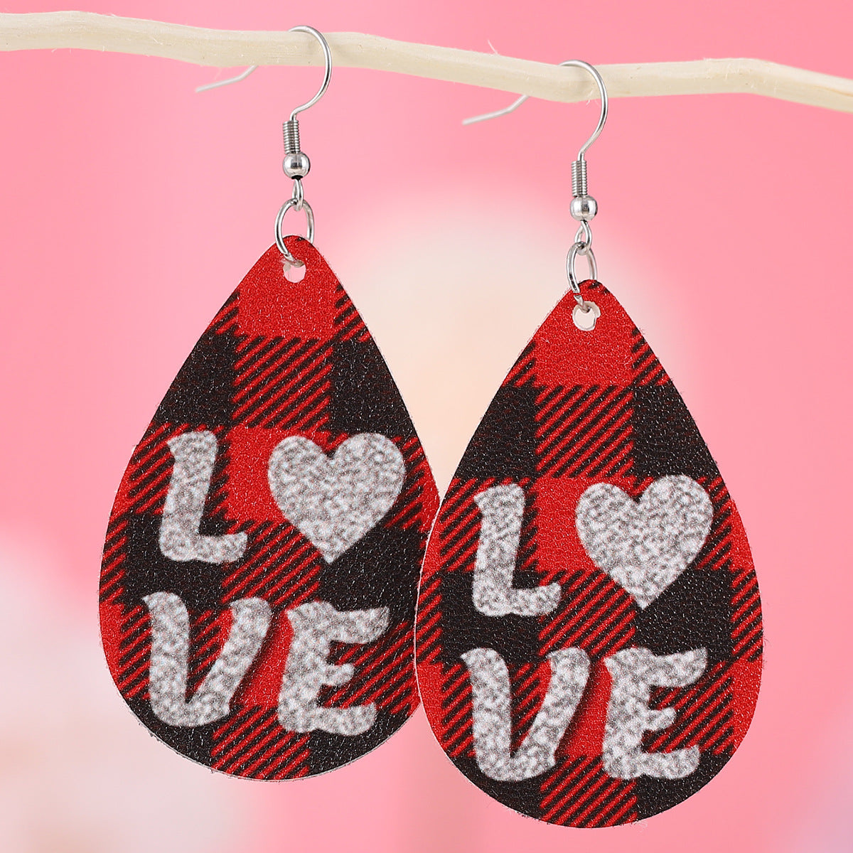 Wholesale Valentine's Day Plaid Love Water Drop Leather Double Sided Earrings