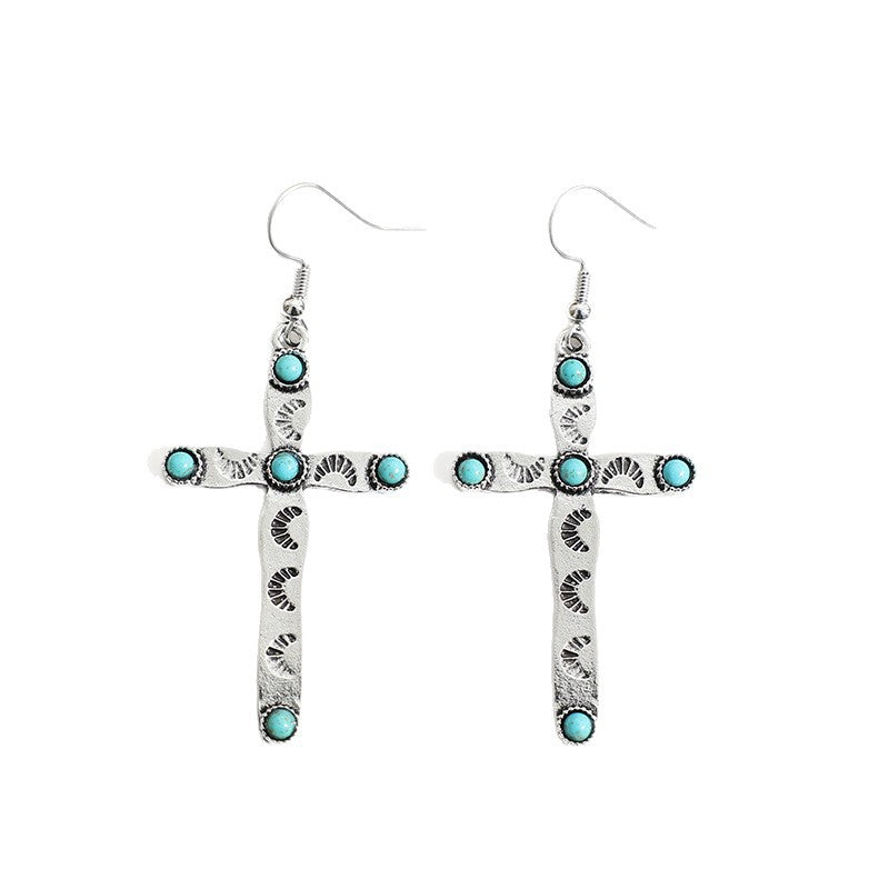 Wholesale Stylish Cross Earrings with Turquoise Design,  Alloy Electroplated Jewelry Accessory for Party and Gift