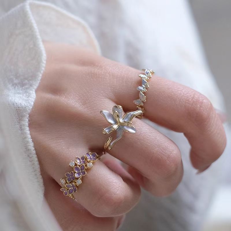 Wholesale Alloy Enamel Open Ring With Purple Iris Flower And Butterfly Women S Fashion Jewelry Accessory