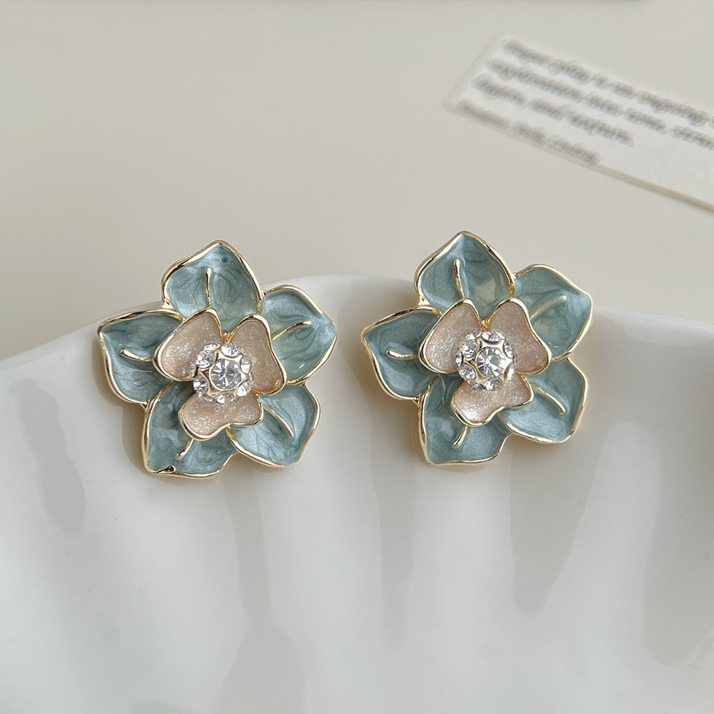 Wholesale Copper Blue Enamel Drip-Glazed Flower Earrings,  Fresh Floral Pearl Studs,  Fashion Accessory