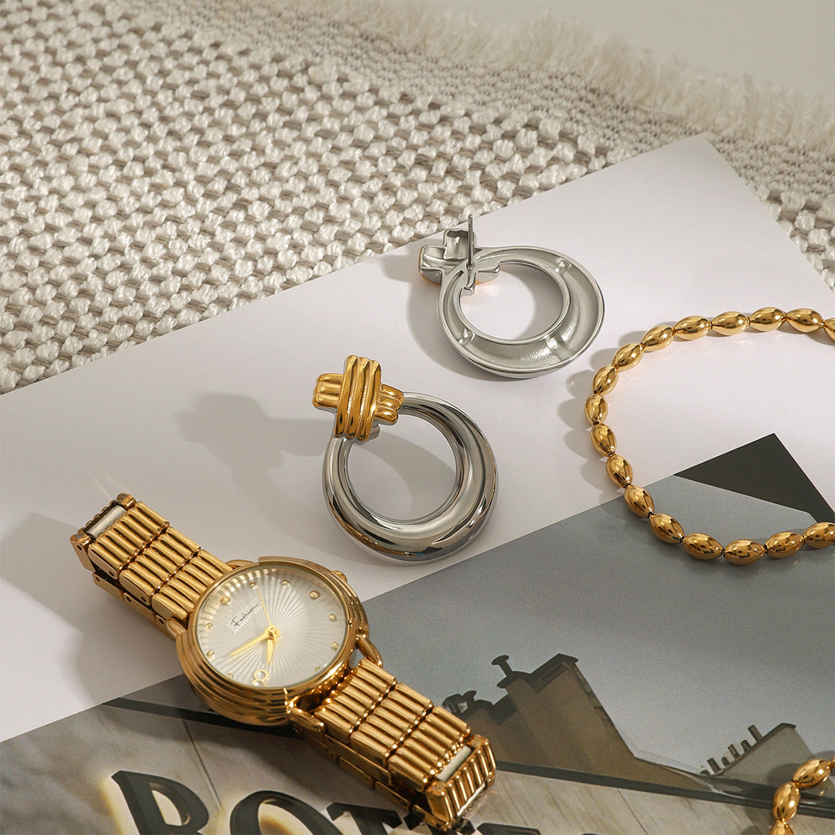 Wholesale  18k gold stainless steel gold and silver color matching smooth rib lines cross earrings