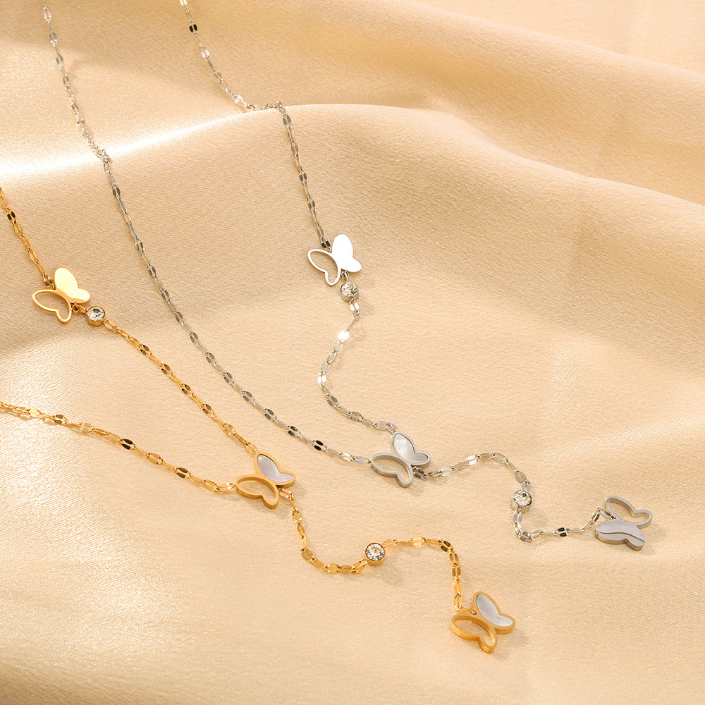 Wholesale  Stainless steel Butterfly Inlaid White Shellfish Necklace Long Tail Chain