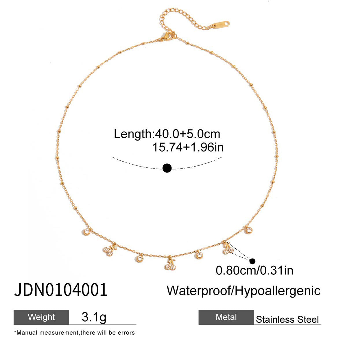 Wholesale 18K Gold Stainless Steel with White Diamond Cherry Pendant Necklace