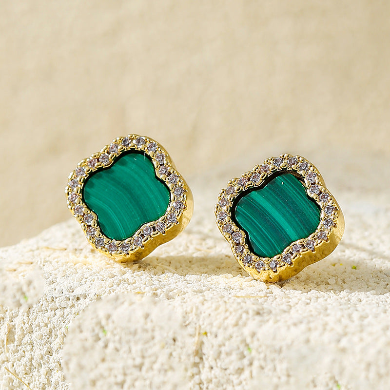 Wholesale Natural malachite four-leaf clover earrings