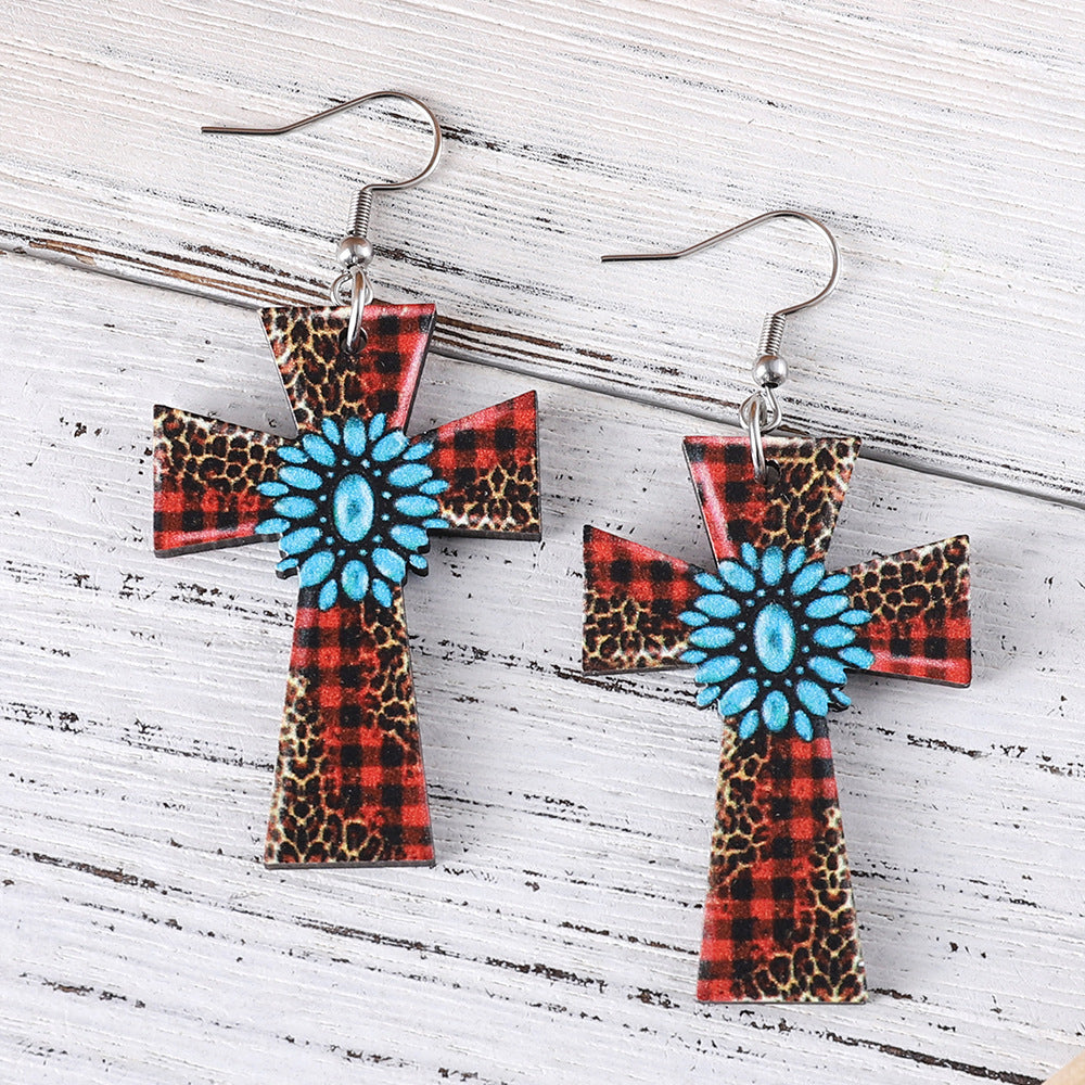Wholesale Western Style Leopard Plaid Turquoise Cross Pendant Wood Earrings ACC-ES-ChuLian083